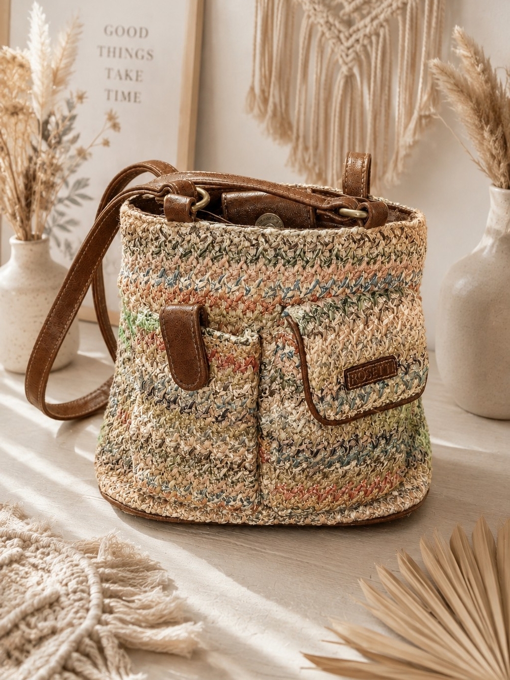 Rosetti Multicolor Straw Crossbody Bag with Brown Trim